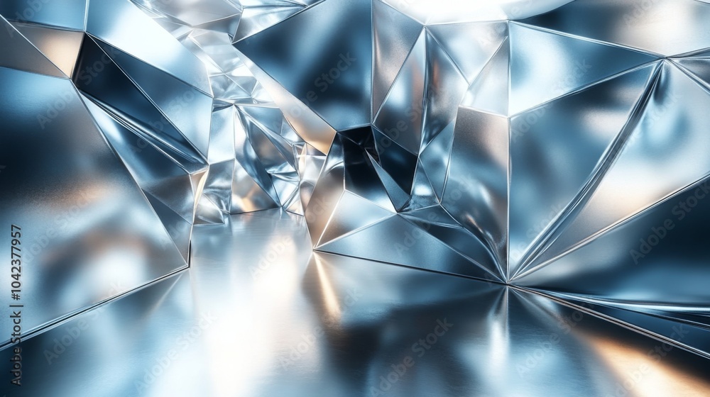 Aufkleber The composition reveals an intriguing arrangement of reflective metallic surfaces, generating an abstract and dynamic space illuminated by soft light patterns.