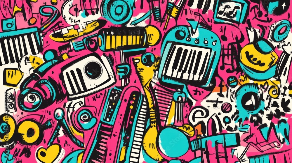 Poster a vibrant collection of doodles showcasing musical instruments, notes, and sound waves fills the can