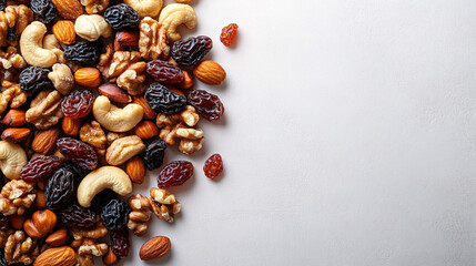 Obraz premium Nuts and dried fruits arranged for a nutrition-focused theme, with an aesthetic composition and inviting atmosphere. Suitable for healthy eating and snack-related content.
