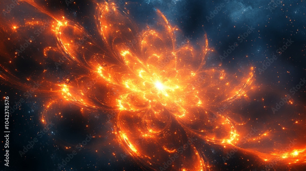 Poster A stunning cosmic event unfolds as fiery bursts radiate through the darkness of space, creating a mesmerizing pattern of light and energy in the universe.