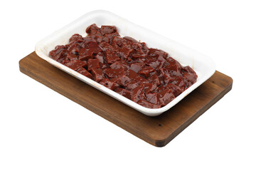 Cut raw beef liver with onions, spices, chili peppers and dill on wooden table, flat lay