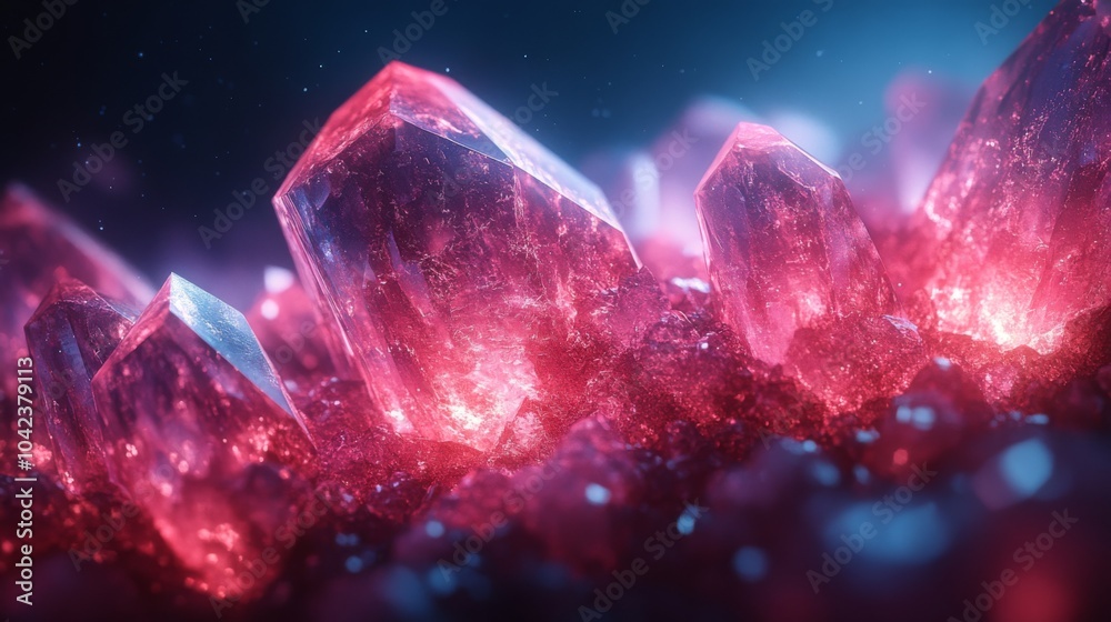 Poster A stunning array of red crystals is illuminated by gentle blue light, revealing their sharp edges and complex formations in a captivating close-up.