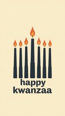 Six lit candles with red and green flames and text "happy kwanzaa" on a beige background celebrating african heritage, kwanzaa concept