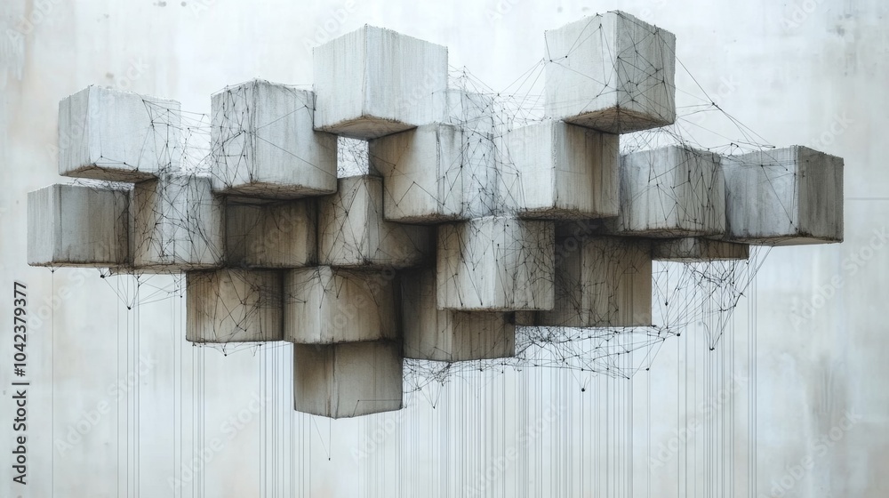 Fototapete a striking modern art installation showcases suspended concrete cubes, intricately connected by thin