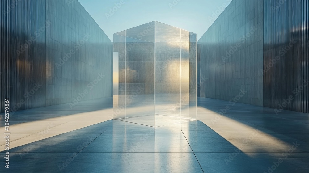 Poster sunlight streams through a minimalist outdoor area, casting reflections on a glass structure nestled