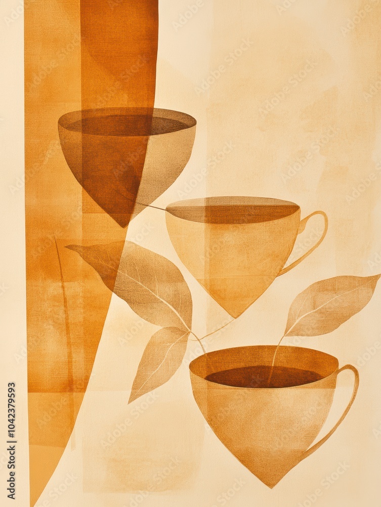 Poster a delicate arrangement of tea cups intertwined with stylized tea leaves, creating a soothing and art