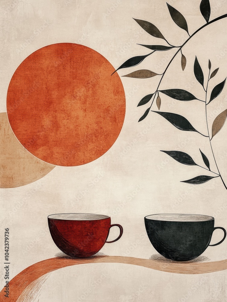 Poster this artwork features stylized tea cups alongside leaf motifs, all set against a backdrop of harmoni
