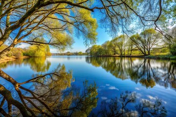 Reflection of tree branches and trunks on lake surface, low angle view
