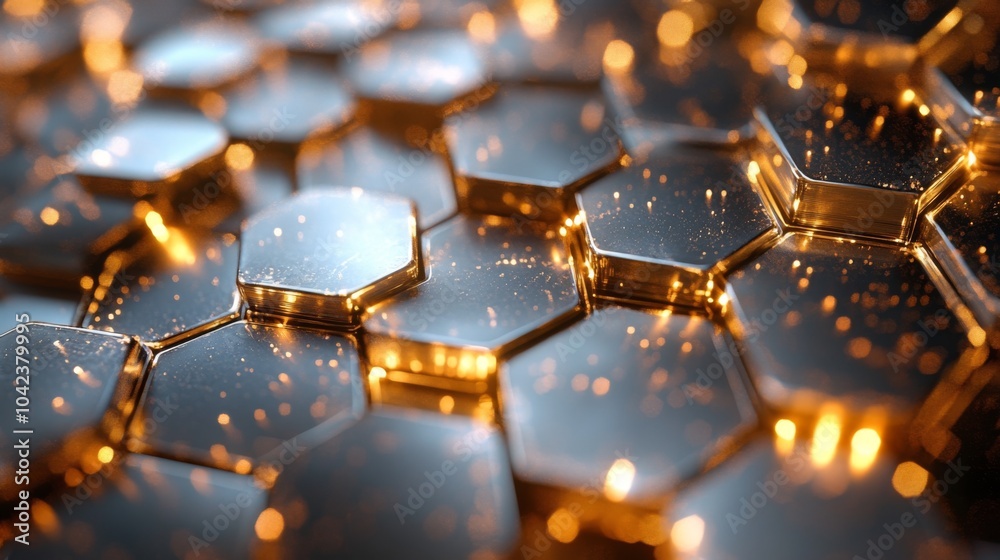Fototapete Golden hexagonal shapes combine with sparkling highlights and reflections, creating an engaging and textured surface that draws the eye. This intricate pattern showcases elegance and depth.