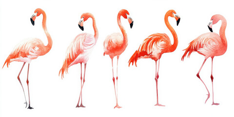 Obraz premium A set of five watercolor flamingos depicted in various natural postures, with their long legs and slender necks delicately hand-painted in soft pinks and corals. The isolated white background enhances