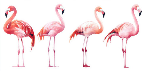 Obraz premium A set of five elegant pink flamingos standing in various poses, hand-painted in delicate watercolor strokes. The soft shades of pink and coral blend beautifully against the isolated white background,