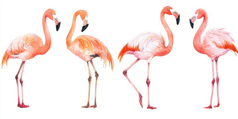 Obraz premium A set of five watercolor flamingos depicted in various natural postures, with their long legs and slender necks delicately hand-painted in soft pinks and corals. The isolated white background enhances