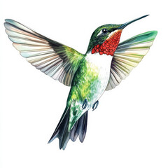 Obraz premium A bright and bold hummingbird with vivid green and ruby feathers, hovering gracefully in mid-air. Watercolor illustration isolated on a white background, perfect for tropical bird art.