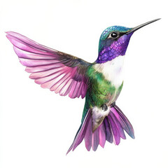 Fototapeta premium A stunning hummingbird in shades of violet, pink, and green, painted in watercolor. Isolated on a white background, this tropical bird is ideal for vibrant, nature-inspired designs.