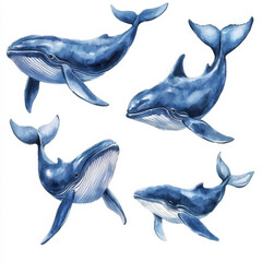 Fototapeta premium Hand-painted watercolor set of blue whales, showing different angles and movements. Isolated on a white background, these ocean creatures bring a serene marine atmosphere to the illustration.