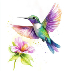 Fototapeta premium A delicate watercolor painting of a tropical hummingbird with colorful plumage in shades of turquoise, purple, and gold, hovering near a flower. Isolated on a white background for a beautiful nature