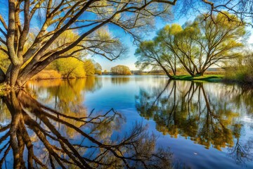 Obraz premium Reflection of tree branches and trunks on water surface of lake river