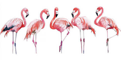 Obraz premium Watercolor illustration of five flamingos in graceful poses, with vibrant pink feathers contrasting sharply against a pure white background. Each flamingo shows unique movement, from standing tall to