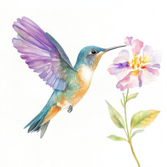 Obraz premium A delicate watercolor painting of a tropical hummingbird with colorful plumage in shades of turquoise, purple, and gold, hovering near a flower. Isolated on a white background for a beautiful nature