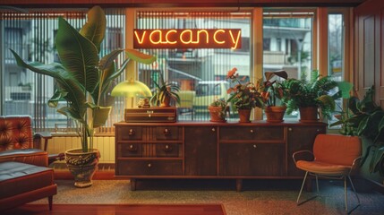 Cozy motel lobby with retro decor, vibrant indoor plants, and a glowing 'vacancy' neon sign, welcoming late arrivals.