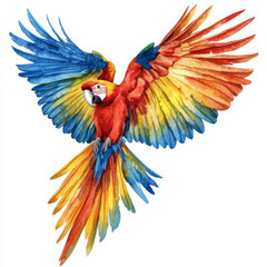 Fototapeta premium A vibrant macaw in flight, showcasing its colorful feathers and dynamic pose. This watercolor illustration captures the essence of tropical wildlife, set against a white background.