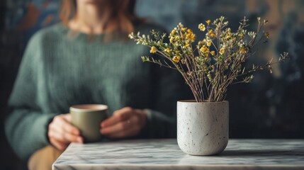 Minimalist coffee scene with woman and vase of flowers