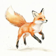 Obraz premium A lively fox in mid-run, showcasing its vibrant orange fur and bushy tail. This watercolor illustration captures the grace and agility of the animal, isolated on a white background for a charming hand