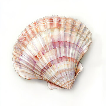 A detailed watercolor illustration of a seashell with soft pastel hues of pink, beige, and white. The hand-painted shell sits elegantly on an isolated white background, perfect for creating