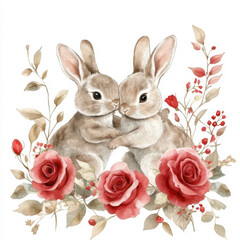 Obraz premium A watercolor drawing of two cute Easter bunnies playing among red roses and leaves, set on a white background. The soft, detailed painting creates a charming and festive Easter poster for seasonal