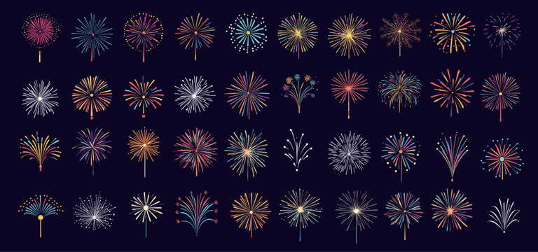 Flat firework set. Exploding festival salute for party celebration or holiday, colorful firecracker sparkler vector illustration
