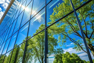Reflection of trees and blue sky on glass wall