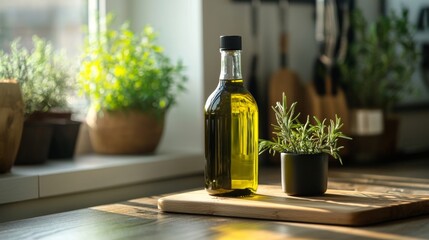 Bottle of olive oil with fresh rosemary on a wooden board in a sunlit kitchen