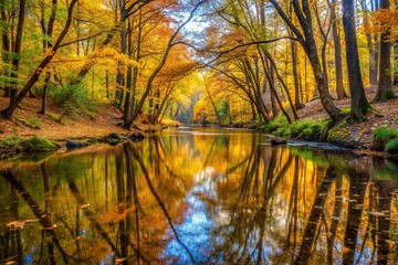 Reflection of trees in creek in the woods in the fall