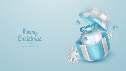 Happy New Year and Merry Christmas. Christmas holiday background with realistic 3d objects, blue and white bauble balls, conical metal stars, gift. Levitation falling design composition.