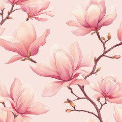 Obraz premium An elegant seamless pattern of spring magnolia flowers painted in soft pink watercolor. The intricate hand-drawn flowers are beautifully complemented by a light pink background, making this design