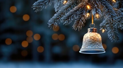 A beautiful white Christmas bell ornament adorned with black stars and a brown bow is gracefully suspended from dark green pine branches