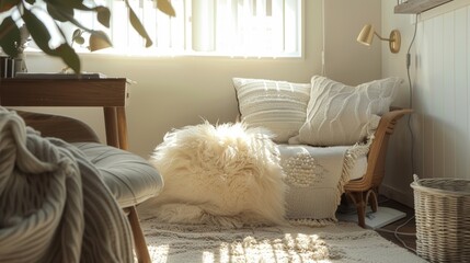 Nestled in the corner of the room a sunlit study nook awaits adorned with plush cushions a fluffy rug and a warm desk lamp.