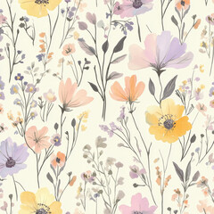 A delightful seamless pattern showcasing an array of watercolor flowers in soft pastel colors. This hand-drawn floral design repeats beautifully, making it ideal for summer fabrics, wallpapers, and