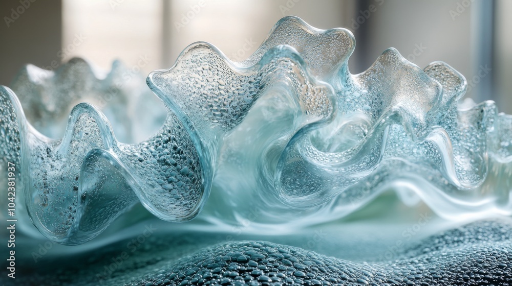 Poster The intricate details of a glass sculpture create a mesmerizing display as light refracts through its wavy surface in a serene indoor environment.