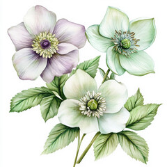A watercolor hand-drawn illustration of Hellebore and anemone flowers, capturing their delicate petals and lush green leaves. The spring plants are set on an isolated white background, making them