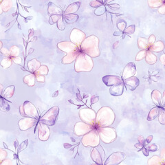 A whimsical seamless pattern of hand-drawn sakura flowers in pink, accompanied by delicate butterflies. Set against a soothing lilac watercolor background, this design captures the essence of spring