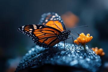 A Monarch butterfly delicately perched on a flower, adorned with morning dew, showcasing its vibrant orange and black wings with exquisite natural beauty.