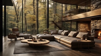 A cozy, minimalist living room with earthy tones, modern furnishings, and large windows showcasing natural views.
