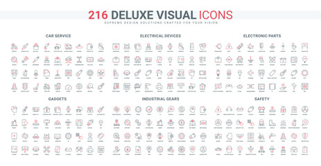 Electrical appliance and gadget, electronics and circuitry, smart technology line icon set. Car garage, gears and buttons of automation processes thin black and red outline symbols vector illustration