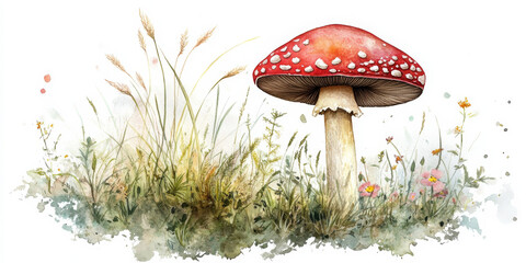 A watercolor illustration of a single fly agaric mushroom standing tall amidst soft grasses and tiny woodland flowers. The red cap with white spots glows softly, creating an ethereal, natural scene