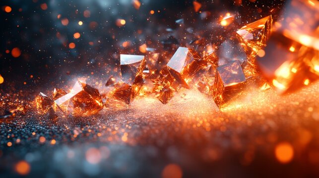 Shattered crystals scatter light in a captivating dance of orange hues against a dark backdrop, creating a dynamic and enchanting atmosphere.