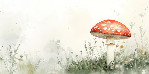 A watercolor illustration of a single fly agaric mushroom standing tall amidst soft grasses and tiny woodland flowers. The red cap with white spots glows softly, creating an ethereal, natural scene