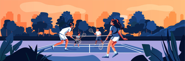 Family playing tennis outdoor activity. Parents and children enjoying a game on a court surrounded by trees and cityscape at sunset. Bright colors and dynamic scene