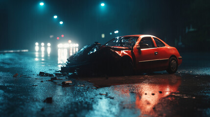 Car crash dangerous accident on the road at night copy space. Generative AI