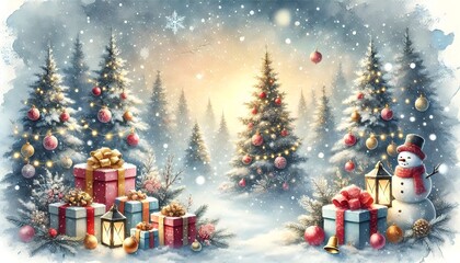 Festive Winter Wonderland with Decorated Christmas Trees, Glowing Candles, and Holiday Gifts in a Snowy Scene Background – Perfect for Holiday Cards, Seasonal Art, and Festive Design